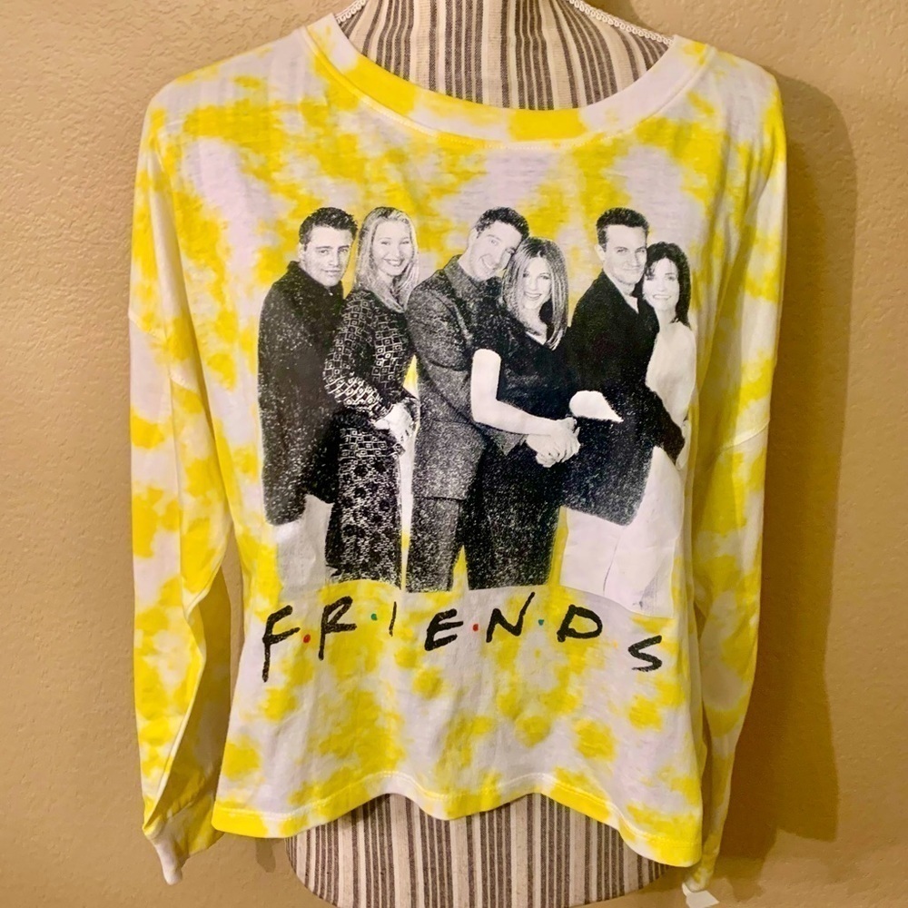 NEW Friends Top Large Yellow White Tie Dye Long Sleeved Tee Black & White Photo